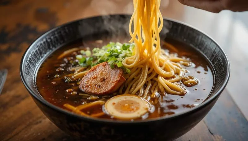 Ramen giapponese con brodo di ossa, soia, miso e tagliatelle elastiche