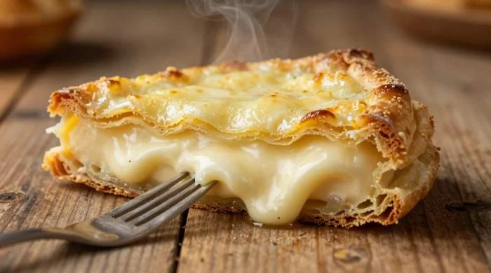 Ripieno cremoso di formaggio e uova all’interno della gibanica