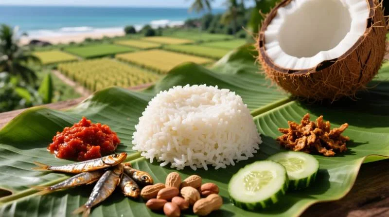 Riso al cocco malese avvolto in foglie di banano, piatto tradizionale nasi lemak