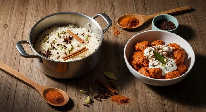 Riso basmati con carne marinata nello yogurt, preparazione tradizionale del biryani