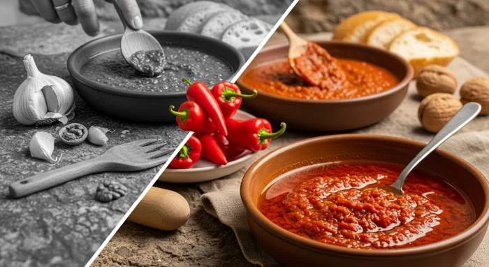 Salsa romesco catalana con peperoni arrostiti, mandorle e pomodoro
