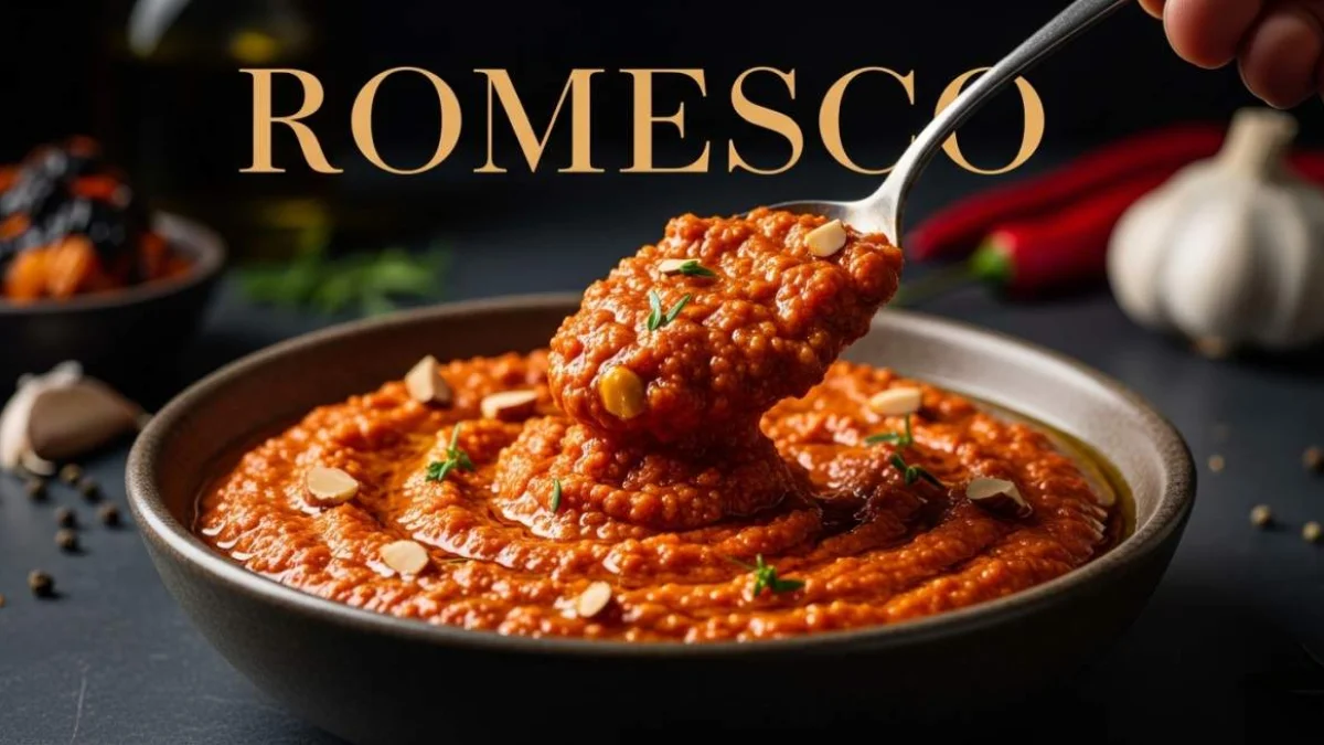 Salsa romesco catalana con consistenza rustica servita accanto a ingredienti freschi