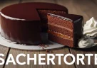 Sachertorte austriaca con glassa al cioccolato lucida e strato di marmellata di albicocca