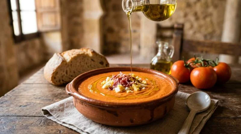 Salmorejo cremoso con ingredienti tradizionali in un contesto andaluso che richiama influenze storiche e culturali della città di Cordoba