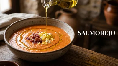 Salmorejo andaluso cremoso con olio d'oliva, jamón e uovo servito in una ciotola con consistenza densa e vellutata