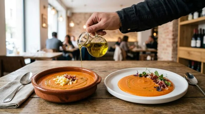 Salmorejo tradizionale e moderno serviti in due presentazioni diverse mantenendo consistenza cremosa e colore intenso
