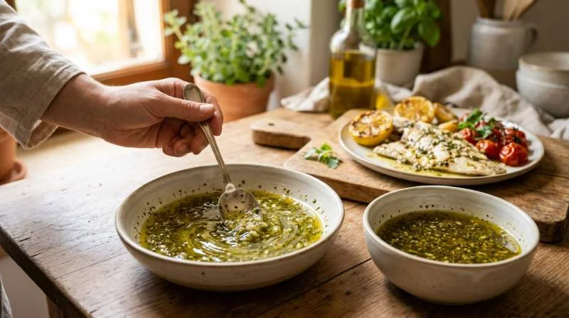 Salmoriglio preparato a crudo con olio limone e origano servito su pesce alla griglia con consistenza fluida e leggera