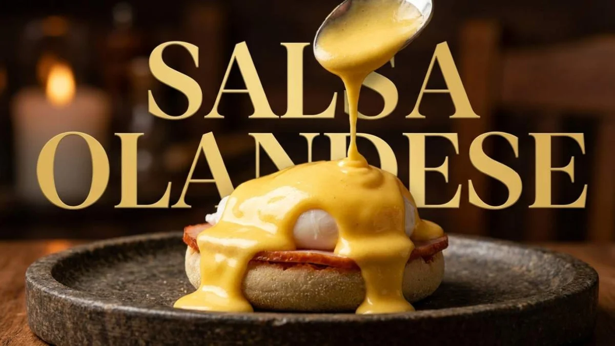 Salsa olandese cremosa in primo piano con consistenza liscia e brillante