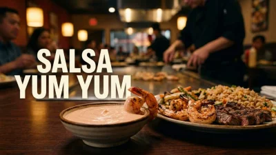 Salsa Yum Yum cremosa servita con gamberi carne riso e verdure grigliate in un ristorante hibachi giapponese-americano
