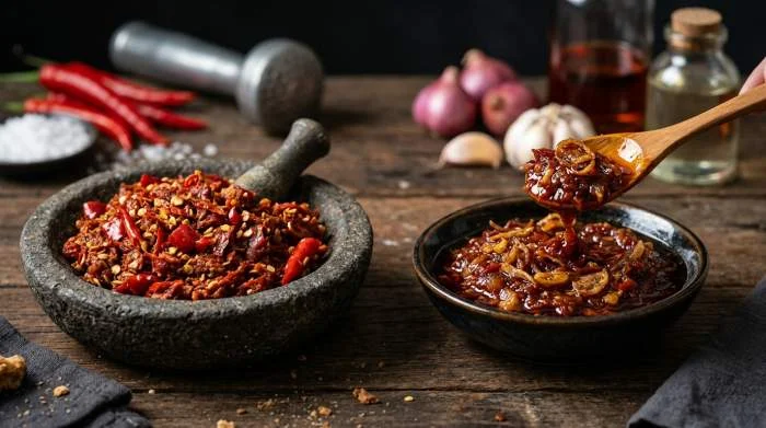 Confronto tra sambal bawang granuloso e sambal ulek lucido con differenti consistenze