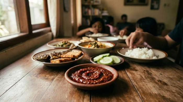 Sambal servito al centro di una tavola indonesiana circondato da piatti quotidiani in un contesto domestico