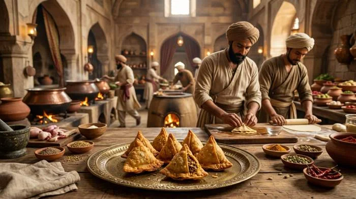 Samosa triangolare fritta servita su piatto, eredità della cucina imperiale Mughal