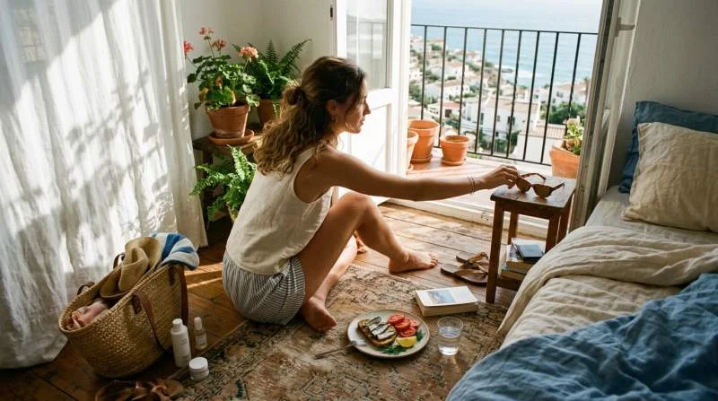Routine estiva con sardine su pane tostato, skincare e accessori da spiaggia in un appartamento sul mare