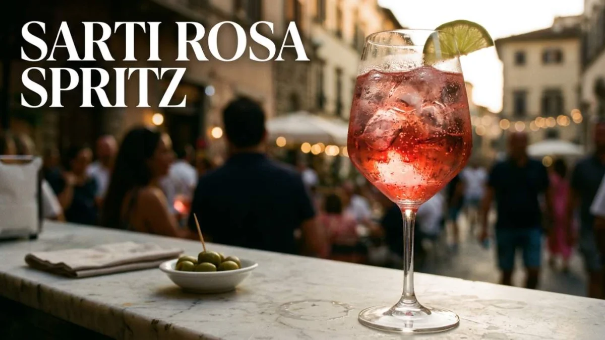 Sarti Rosa Spritz dal colore rosa corallo con ghiaccio e lime durante un aperitivo italiano