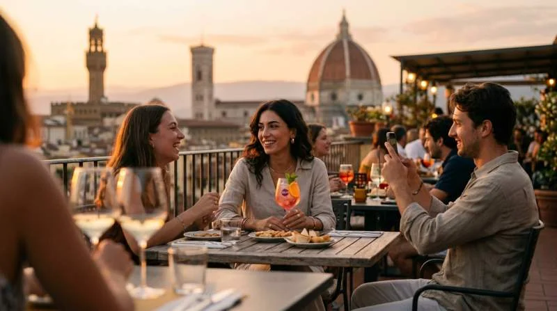 Sarti Rosa Spritz durante un aperitivo estivo su una terrazza con vista su Firenze