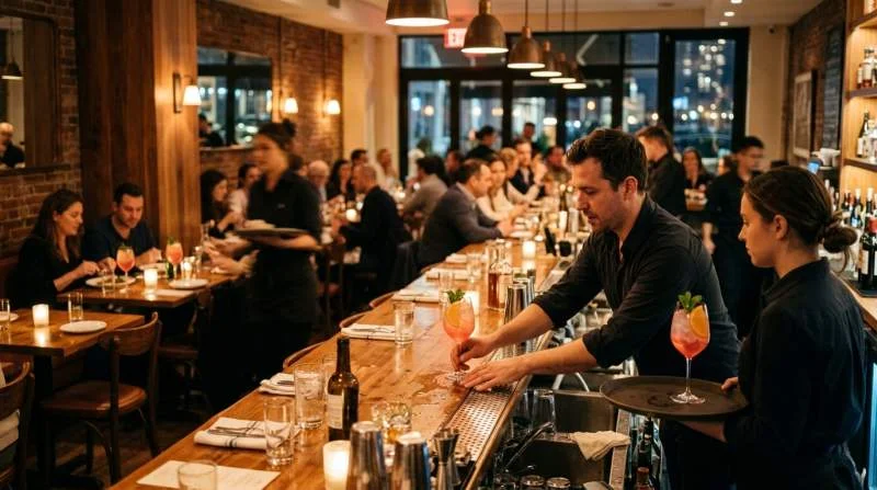 Sarti Spritz rosa servito al bancone di un ristorante italiano durante una serata a New York