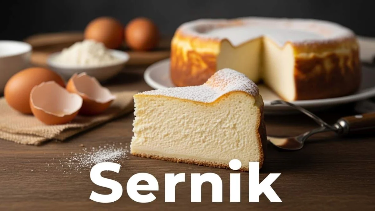 Sernik polacco cremoso con superficie liscia e fetta perfettamente tagliata