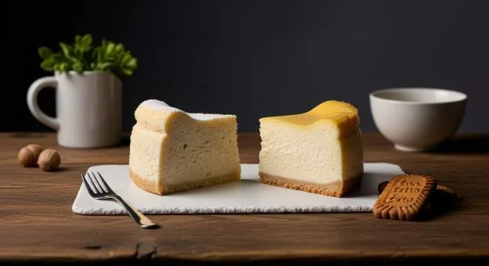 Sernik polacco e cheesecake americano su tavolo rustico in legno
