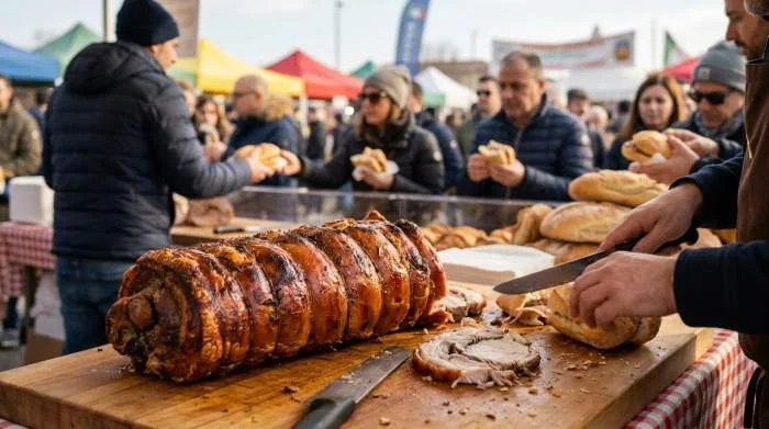 Panino con porchetta affettata servito durante una festa all’aperto in Italia