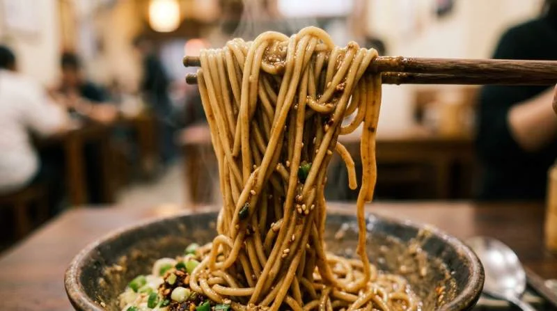 Noodles di Shanghai con salsa al sesamo sollevati con le bacchette, pasta elastica ricoperta da crema densa e lucida
