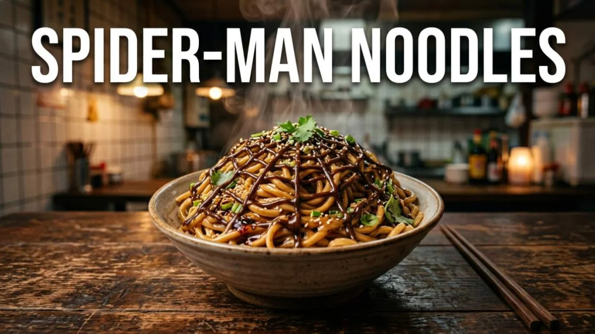 Spider-Man noodles di Shanghai con pasta di sesamo salsa al peperoncino cipollotto e semi di sesamo