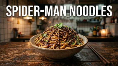 Spider-Man noodles di Shanghai con pasta di sesamo salsa al peperoncino cipollotto e semi di sesamo