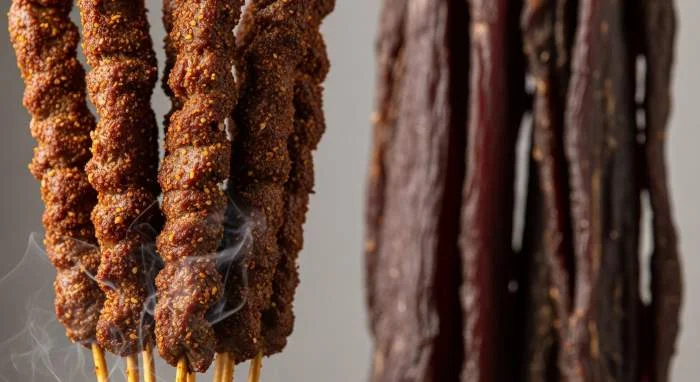 Confronto tra suya appena grigliato e carne essiccata africana