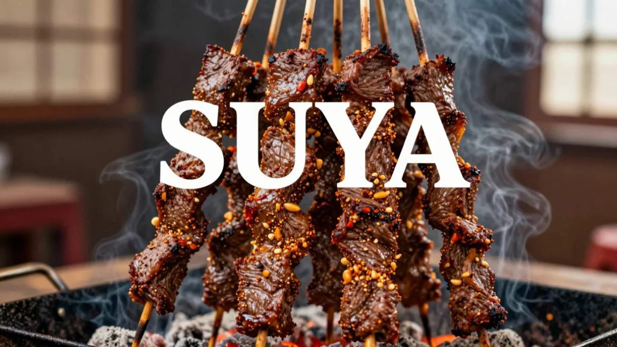 Spiedini di suya africano ricoperti di spezie piccanti e grigliati sul fuoco
