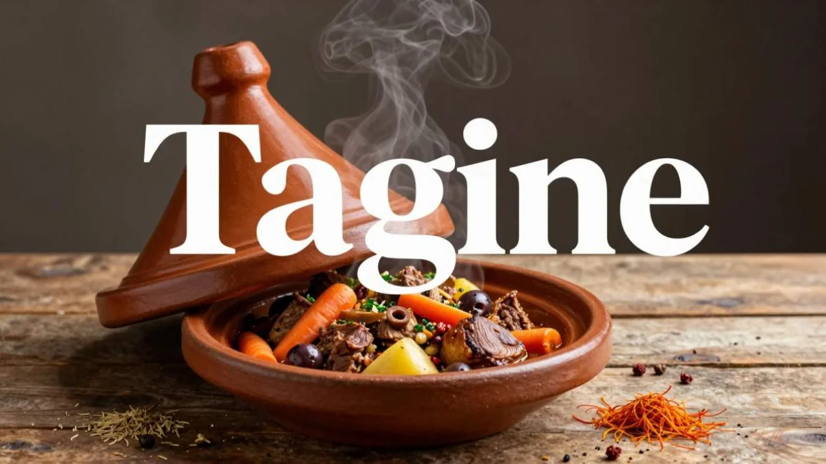 Tagine marocchino aperto con vapore caldo, verdure e carne cotta lentamente