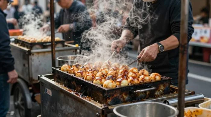 Venditori ambulanti di takoyaki nell'Osaka del dopoguerra
