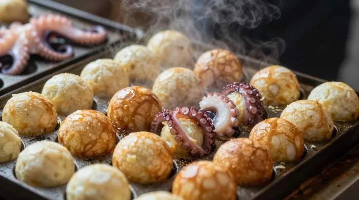 Takoyaki di Osaka cotti in piastra con stampi rotondi, ripieni di polpo