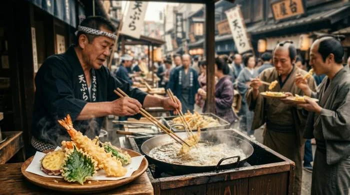 Tempura venduta come street food durante il periodo Edo a Tokyo