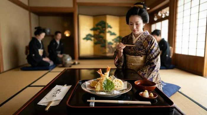 Tempura raffinata servita alla classe alta giapponese in stoviglie laccate