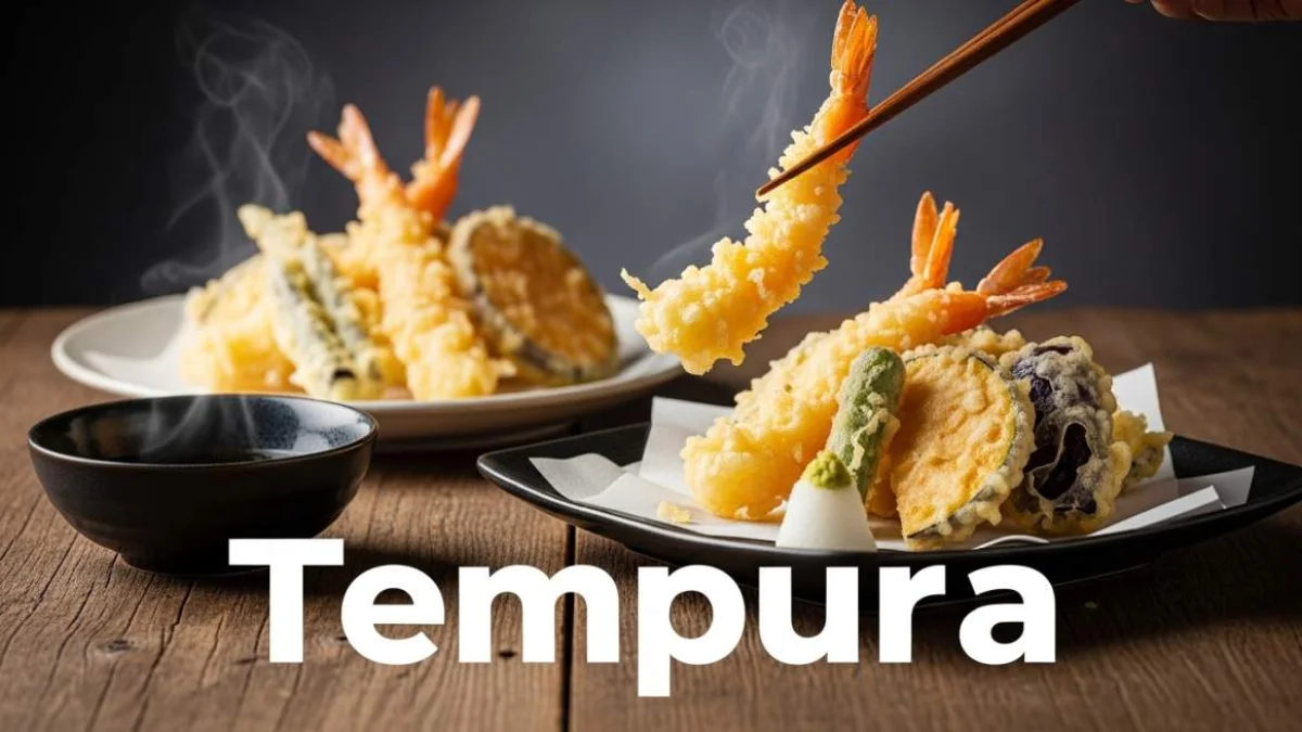 Tempura giapponese con gamberi e verdure fritte in una pastella leggera e croccante