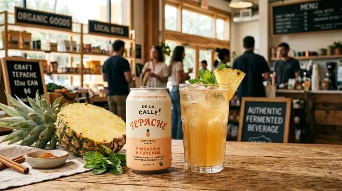 Tepache artigianale in lattina venduto nei mercati biologici statunitensi