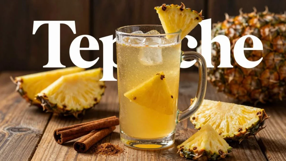 Tepache fermentato all’ananas servito in bicchiere rustico con ingredienti freschi