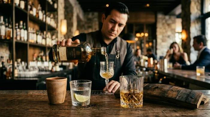 Bottiglia di tequila premium con invecchiamento in botte degli anni Ottanta