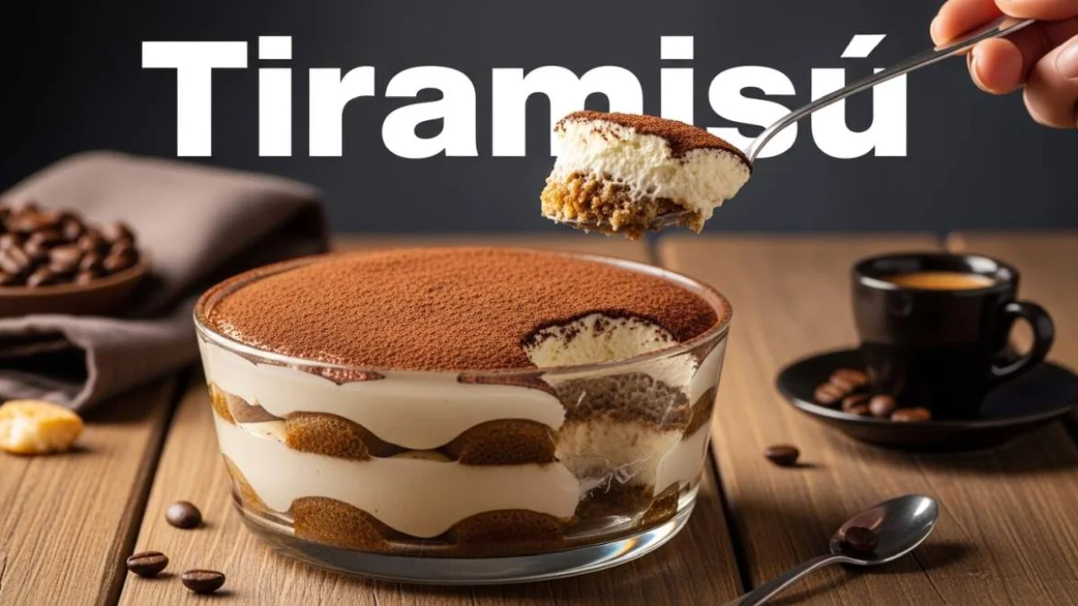 Tiramisù italiano servito in bicchiere con strati di crema, caffè e cacao in polvere