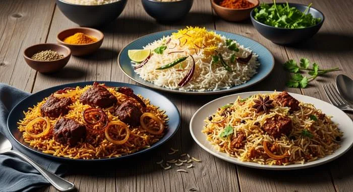 Tre piatti di biryani con differenti varianti regionali indiane