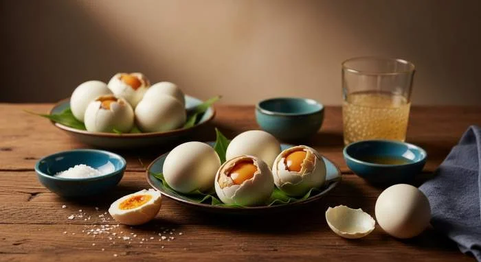 Uova balut servite con sale, aceto e bevanda tradizionale