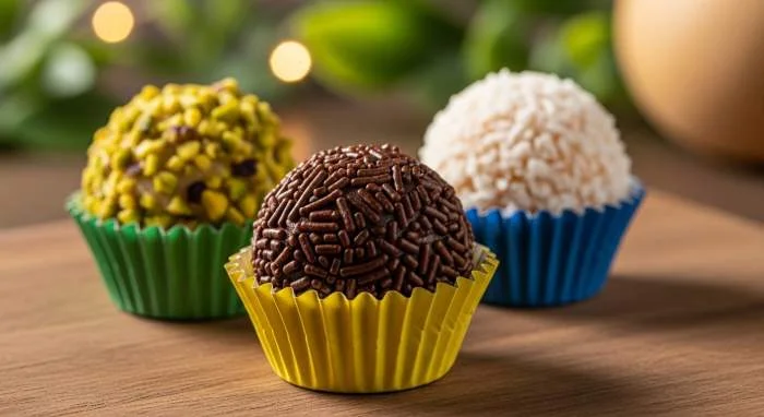 Brigadeiro rosa con frutti rossi e due varianti moderne su un piatto