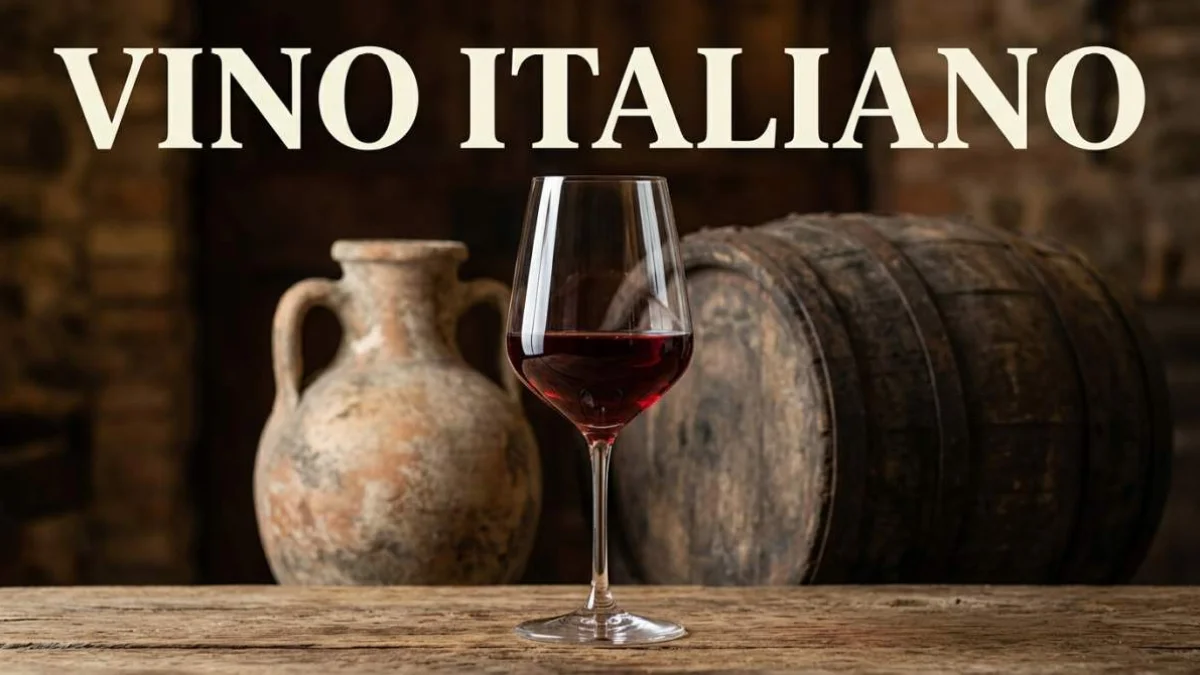 Calice di vino rosso con anfora romana e botti sullo sfondo che rappresentano l’evoluzione del vino italiano