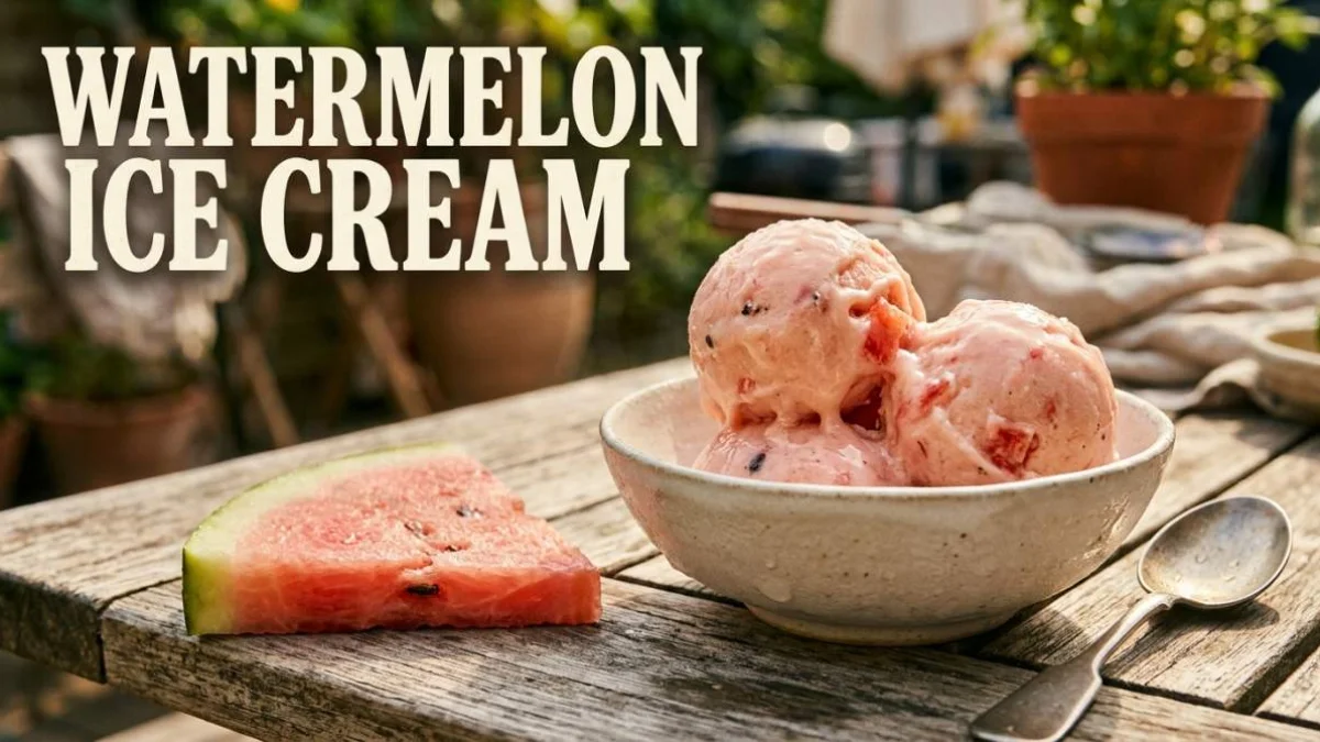 Gelato all'anguria senza gelatiera con consistenza cremosa servito accanto a una fetta di anguria fresca