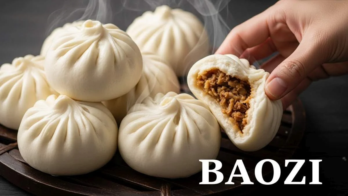 Baozi cinesi al vapore ripieni di carne serviti in cestini di bambù
