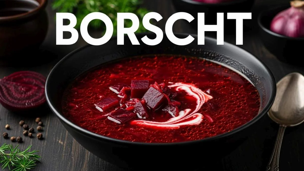 Borscht ucraino dal colore rosso intenso servito con panna acida e aneto fresco