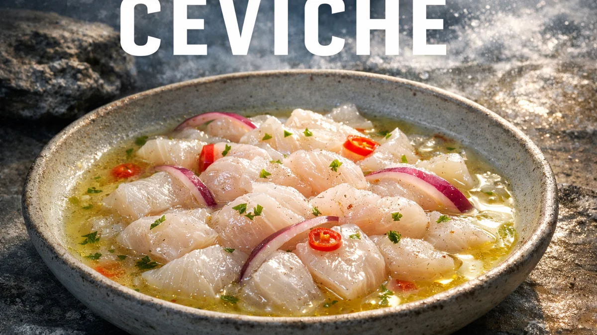 Ceviche peruviano fresco con pesce marinato, cipolla rossa e lime, piatto simbolo della cucina andina