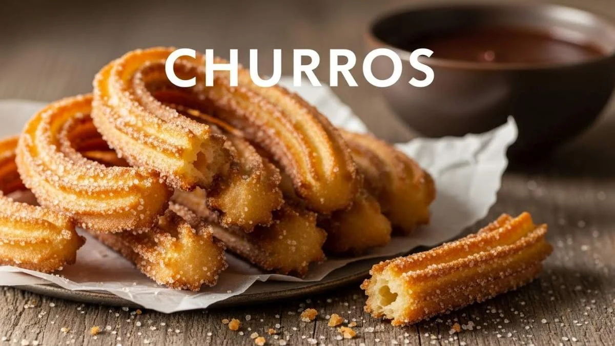 Churros spagnoli fritti ricoperti di zucchero serviti con cioccolata calda