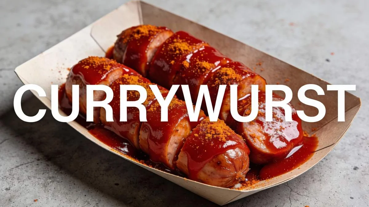 Currywurst berlinese con salsiccia affettata ricoperta di ketchup e curry
