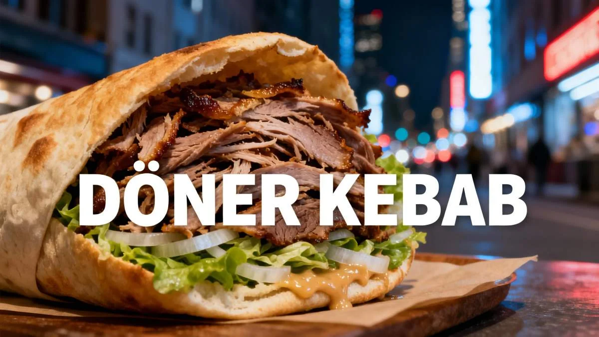 Döner kebab tagliato allo spiedo verticale, servito in pane pita con verdure fresche e salse, in un chiosco di strada berlinese.