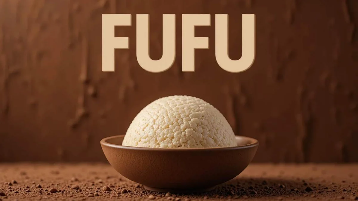 Fufu africano servito in una ciotola tradizionale accanto a una zuppa speziata
